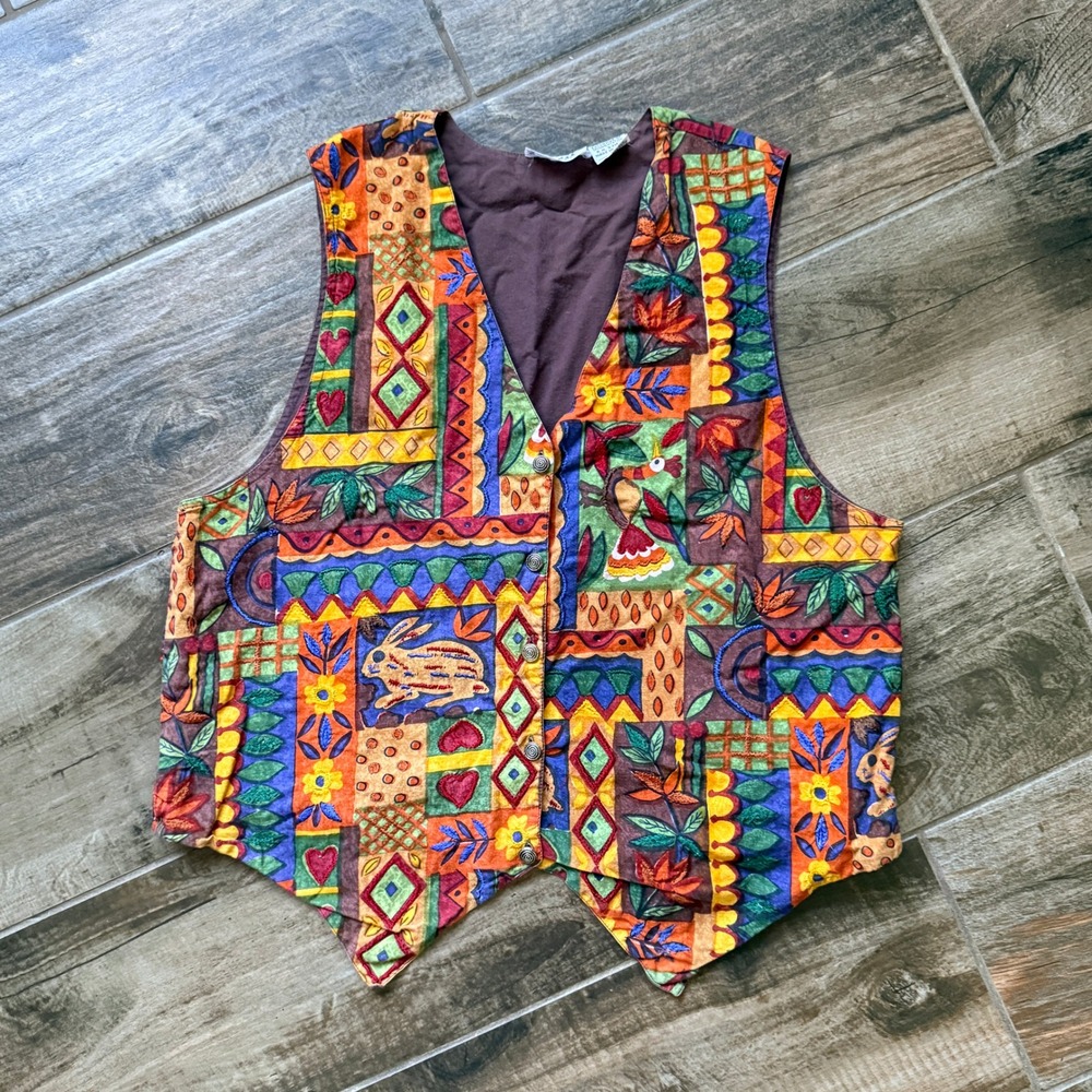 Access Womens Vintage Folk Embroidered Animal Patchwork Vest ,Multicolor, L